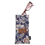 Honey-brown and navy floral faux leather double eyeglass case with Philippians 4:13 scripture patch and glasses inserted