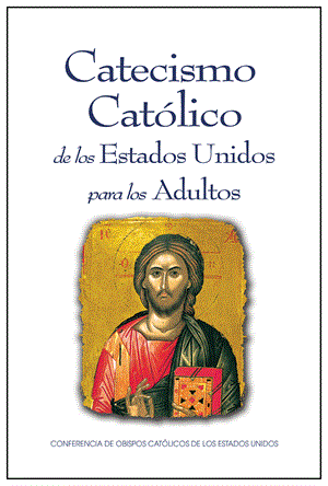Cover of El Catecismo Católico de los Estados Unidos para Adultos featuring religious icon of Jesus Christ on white background