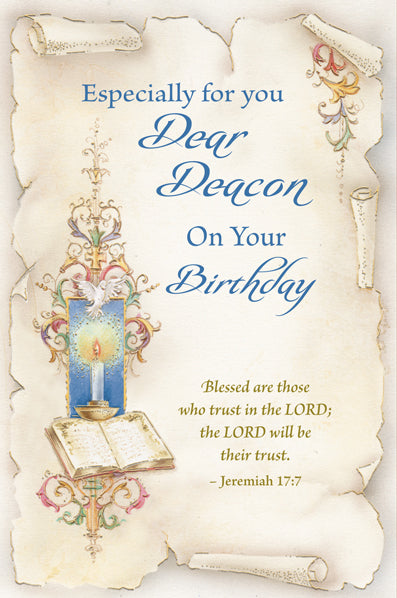 4 5/8" x 6 3/4" greeting card with gold foil, embossed scroll design, candle, open Bible, and Jeremiah 17:7 scripture for Deacon birthday