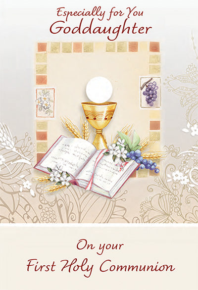 Especially for You Goddaughter First Holy Communion card with chalice, open Bible, grapes, wheat, and floral design accents
