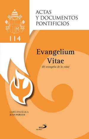 Evangelium Vitae booklet cover with orange design, papal emblem, and text about the Gospel of Life by Pope John Paul II