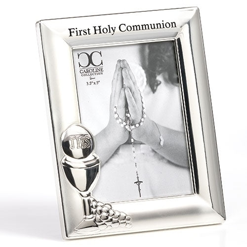 First Holy Communion silver picture frame with chalice, grapes, and 3.5 by 5 inch photo display, 6.75 inches tall.