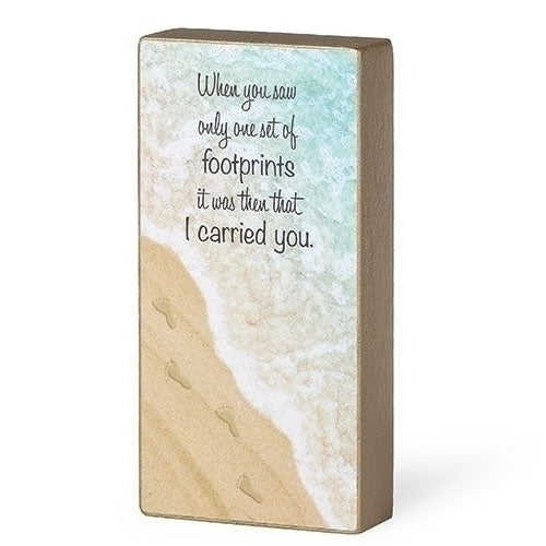 Foot Prints wood table plaque 4.25" with beach footprint design and inspirational faith message about carrying you.