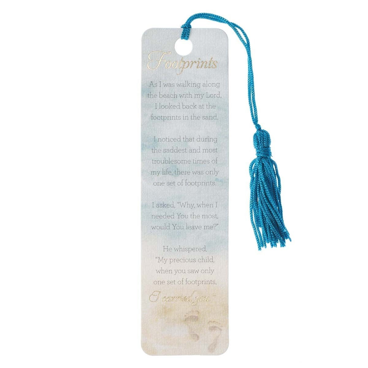 Footprints Bookmark with tassel featuring the classic Footprints poem and serene beach scene background