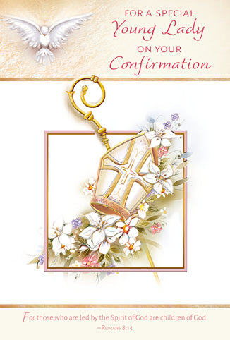 Confirmation greeting card for a special young lady with gold foil bishop hat and floral design on cream background