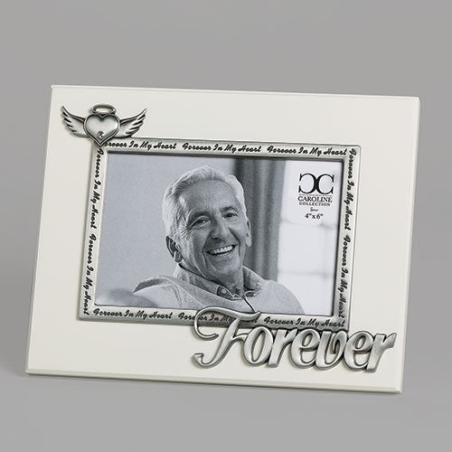 Caroline Collection Forever Memorial Frame holding 4x6 photo with silver "Forever" and heart with wings accents