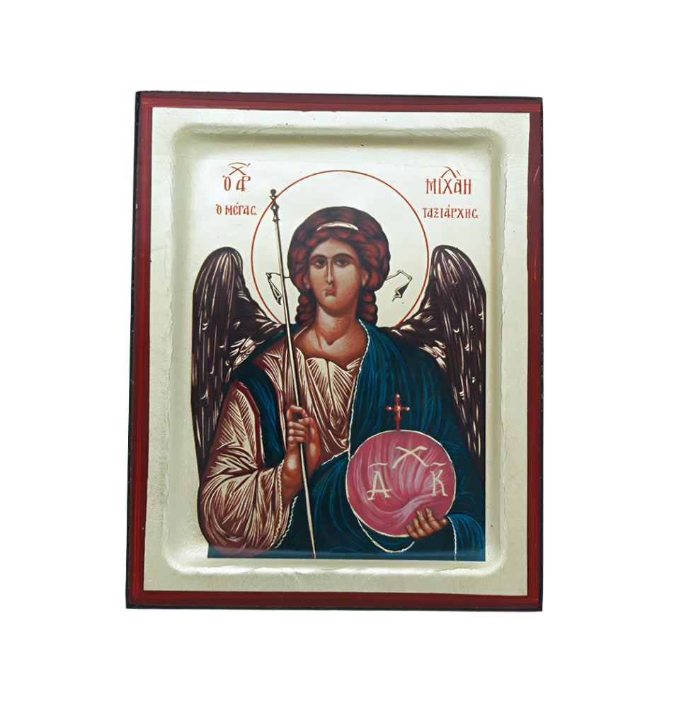 Greek hand-painted serigraph of St. Michael with Byzantine style, detailed wings and vibrant colors, 4x5 inch religious art piece