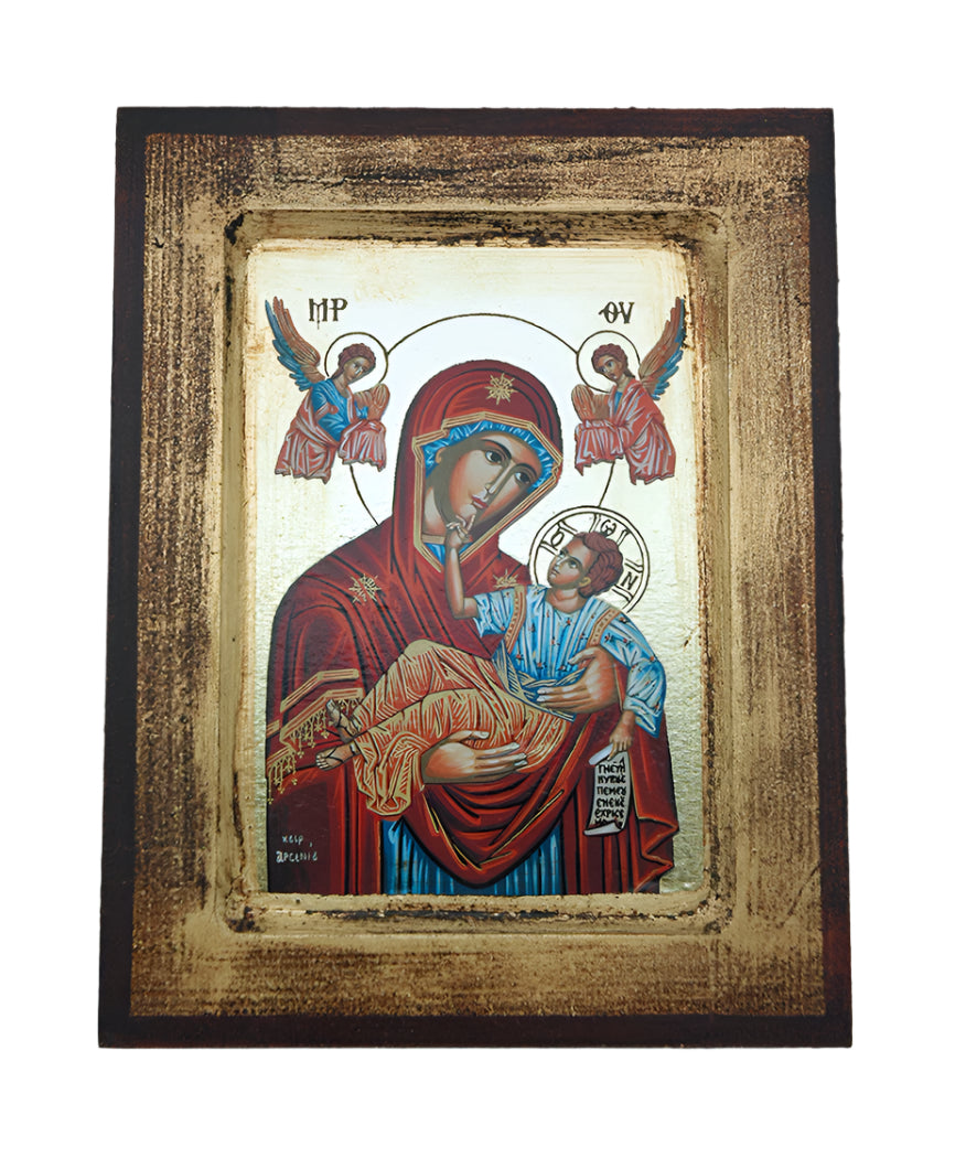 Greek Icon of the Virgin Mary and Child Jesus in red robes with gold accents and angel figures, 5x7 inch decorative art piece
