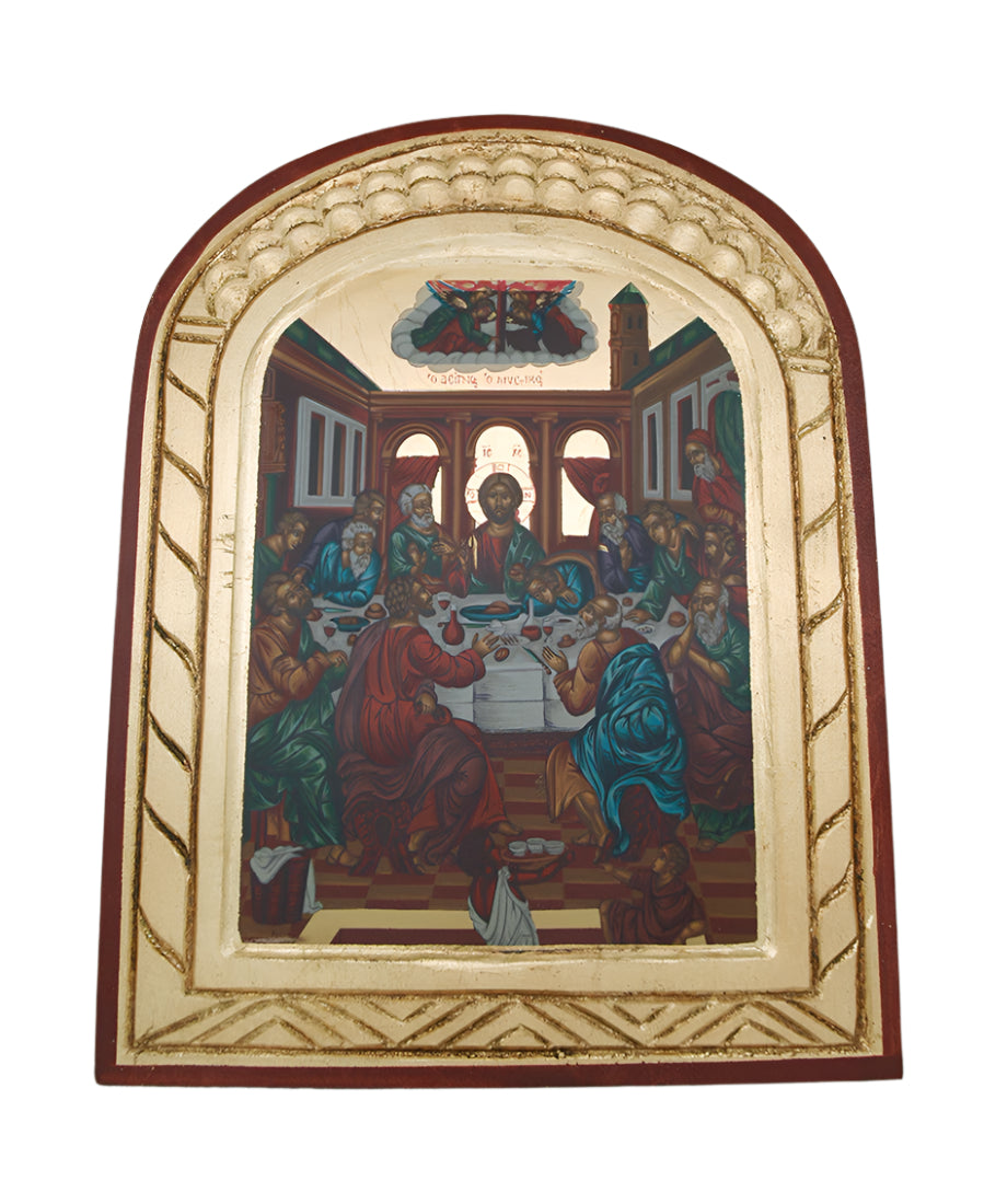 Hand painted Greek icon serigraph depicting The Last Supper in traditional Byzantine style with ornate gold frame
