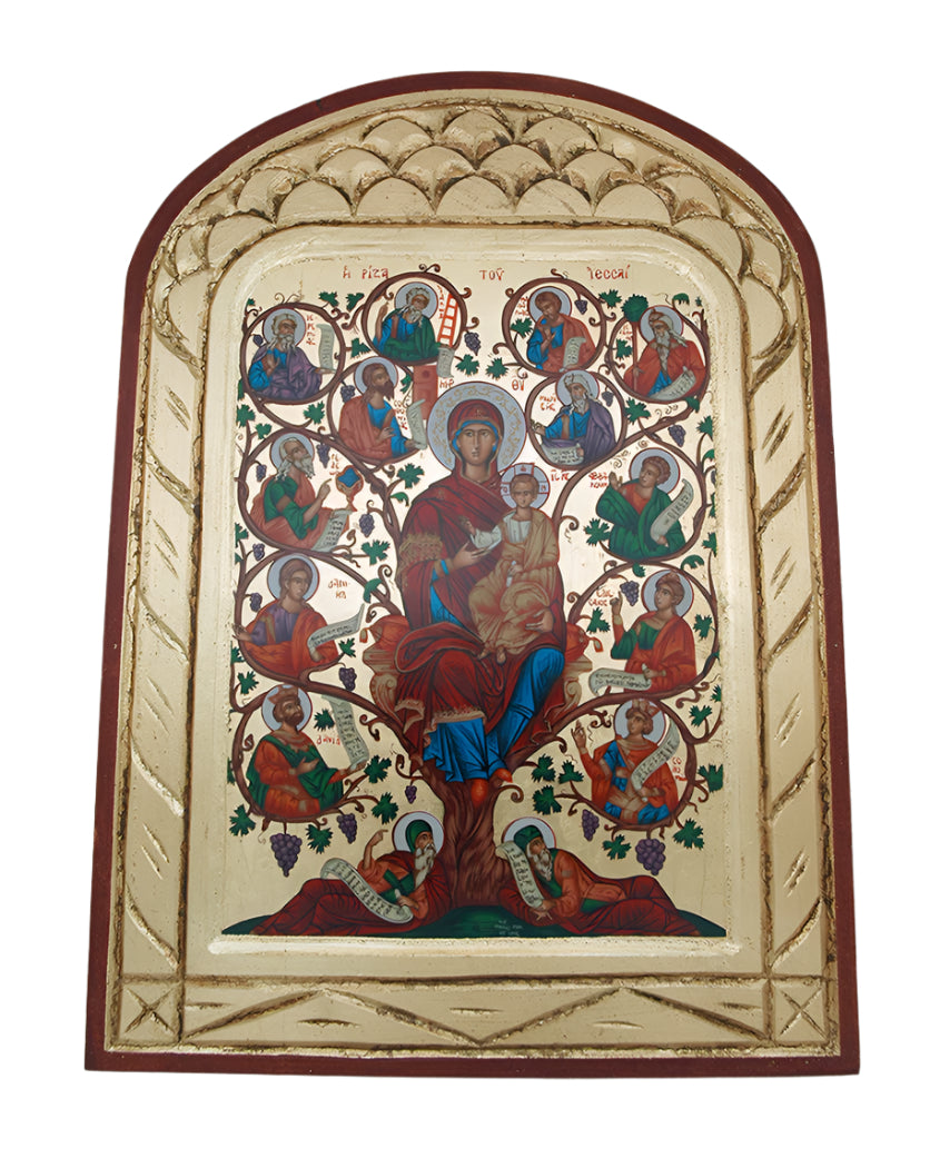 Hand painted Greek icon serigraph featuring Virgin Mary with Christ child surrounded by apostles in gold accented frame