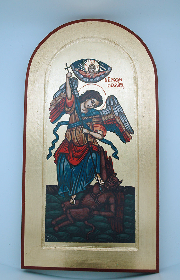Hand painted Greek icon serigraph of Archangel Michael defeating Satan with gold leaf background and red border frame