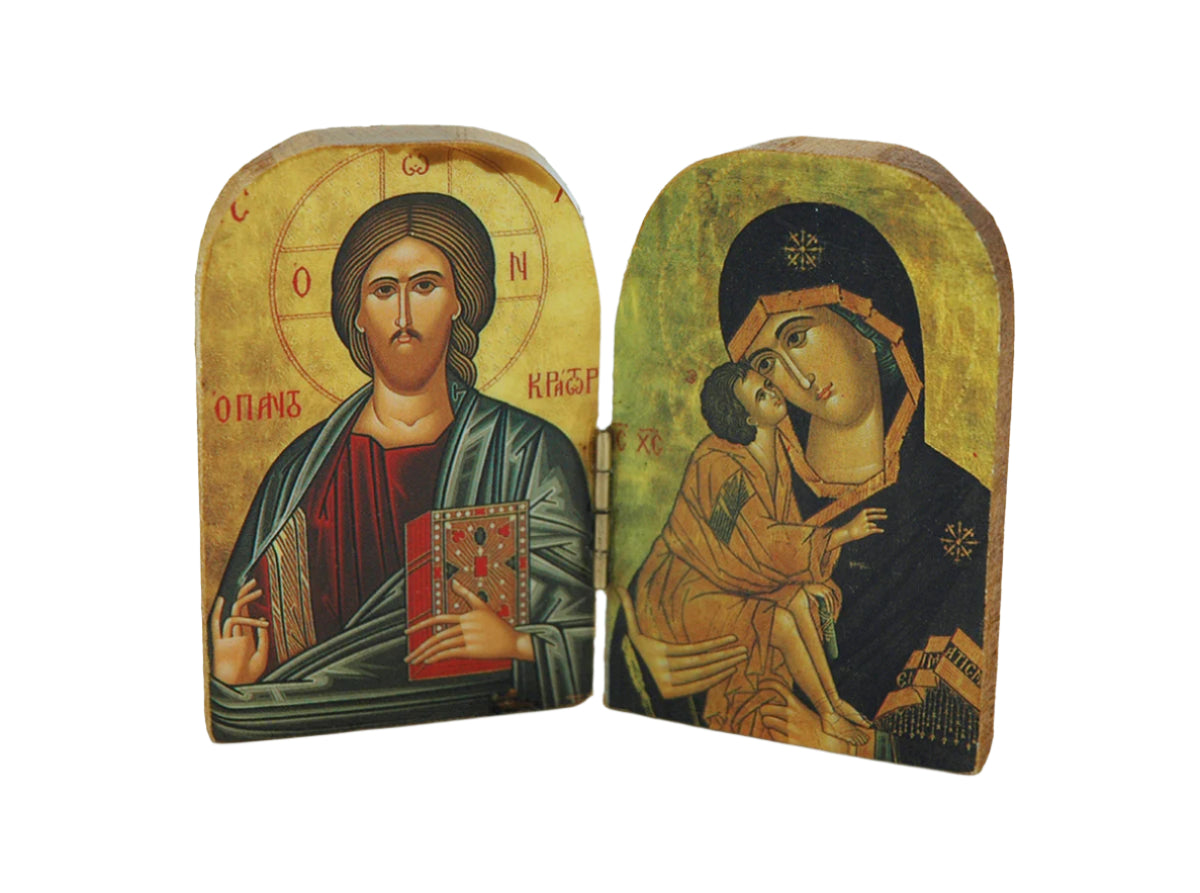 Greek Icon Medium Diptych featuring traditional Byzantine-style religious imagery with rich colors and gold detailing
