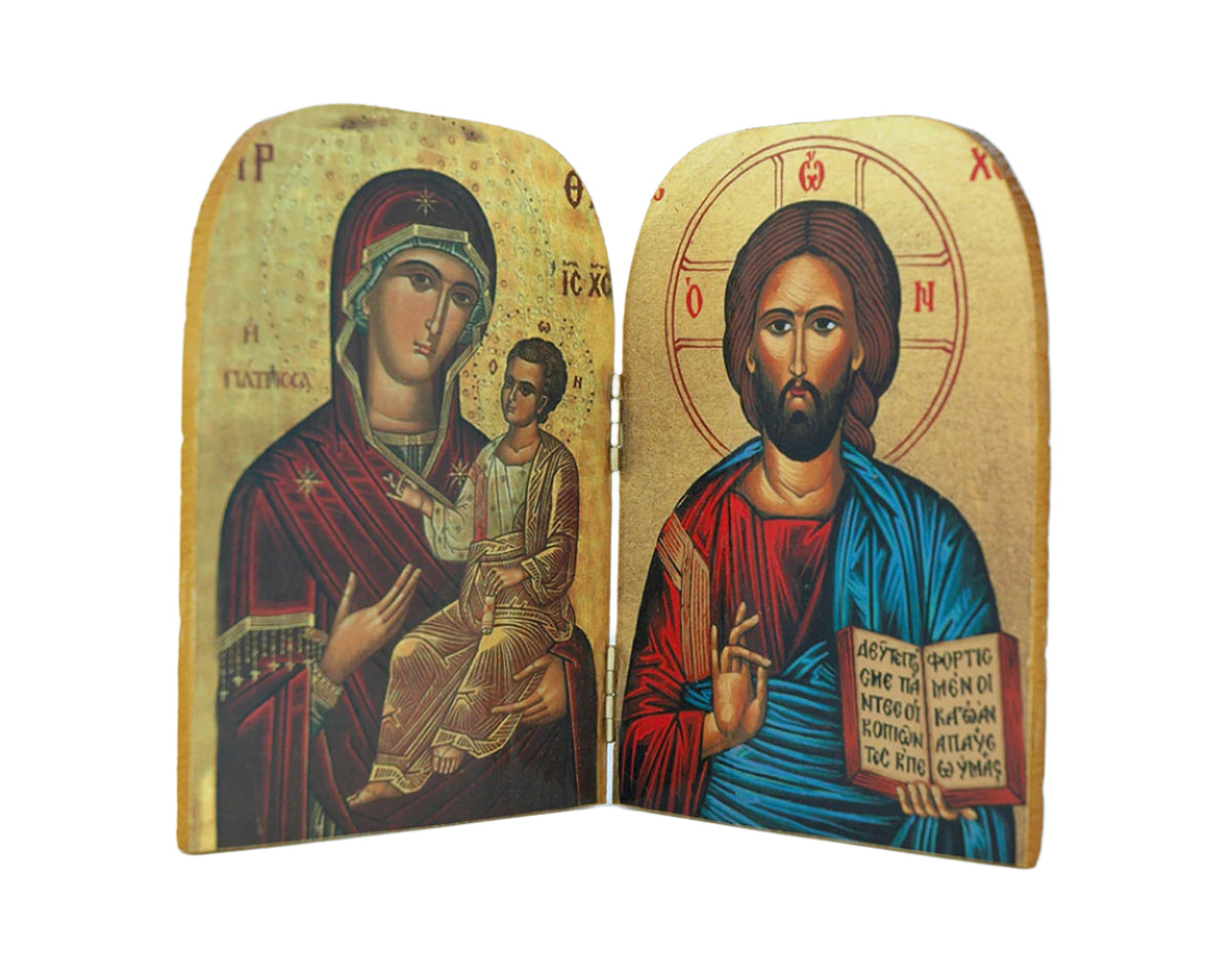 Large Greek Icon diptych featuring traditional Byzantine style images of Virgin Mary with Christ and Jesus Christ with gold accents