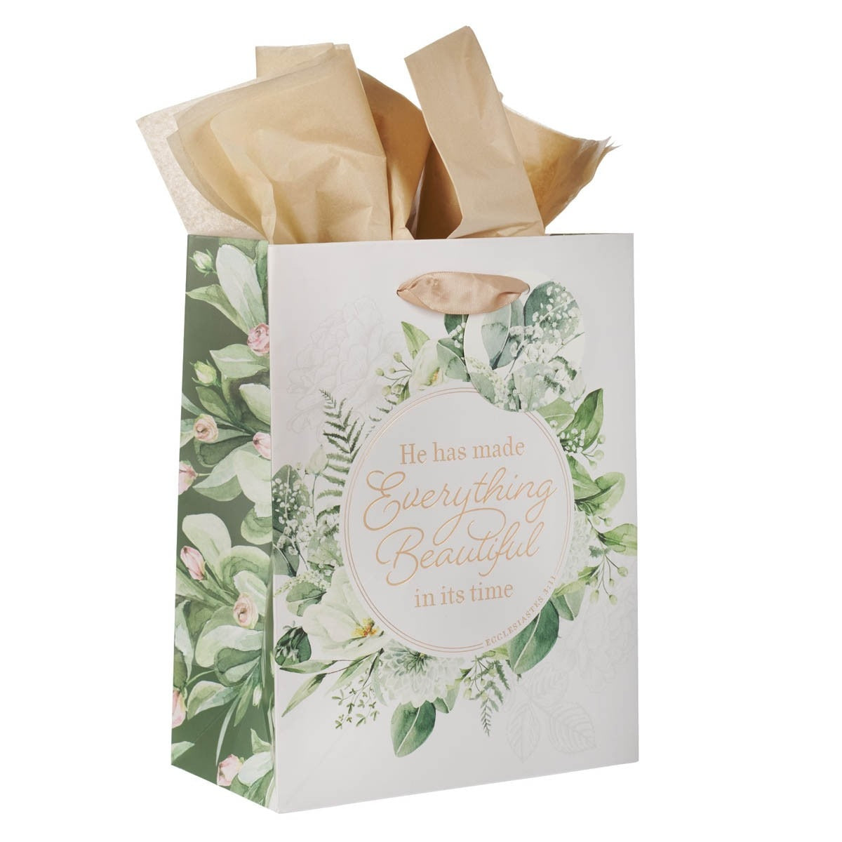 Medium gift bag with green floral wreath design and Ecclesiastes 3:11 scripture in elegant script font