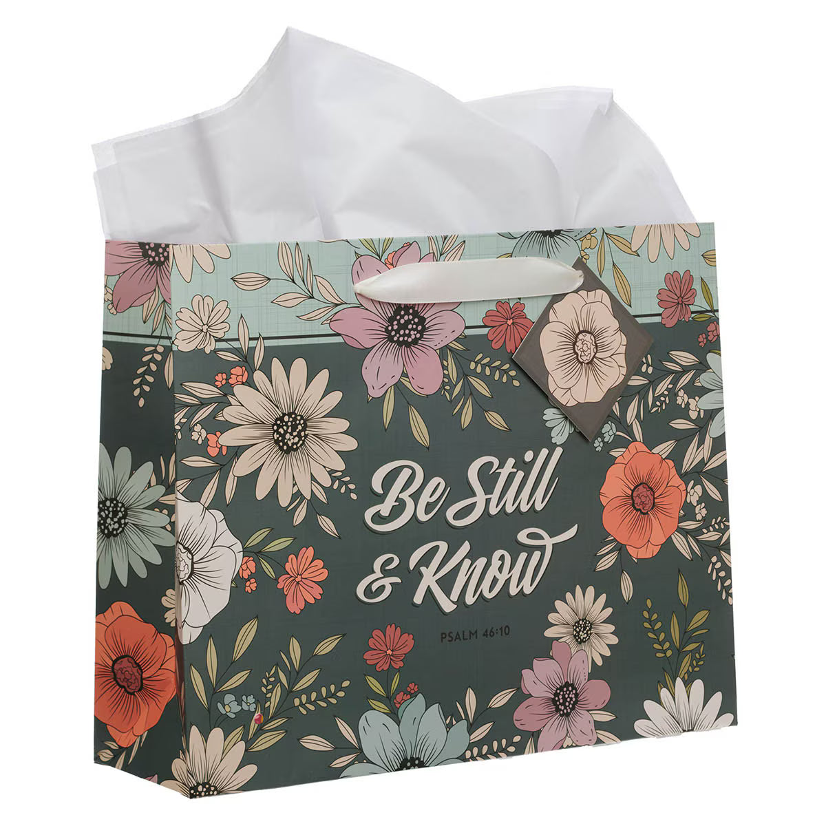 Be Still Teal Botanical Large Landscape Gift Bag - Psalm 46:10