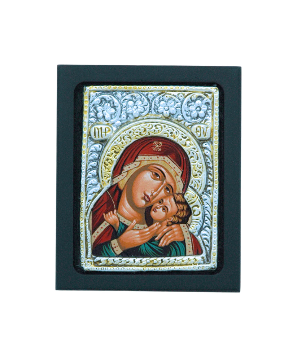 Greek icon of Red Madonna and Child with sterling silver plated ornate frame on black background