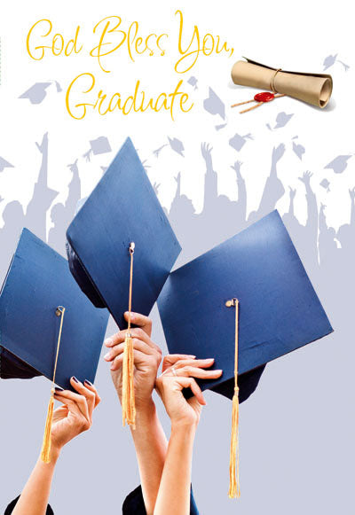 Graduation card with hands holding caps, gold foil "God Bless You, Graduate" text, and embossed diploma scroll detail