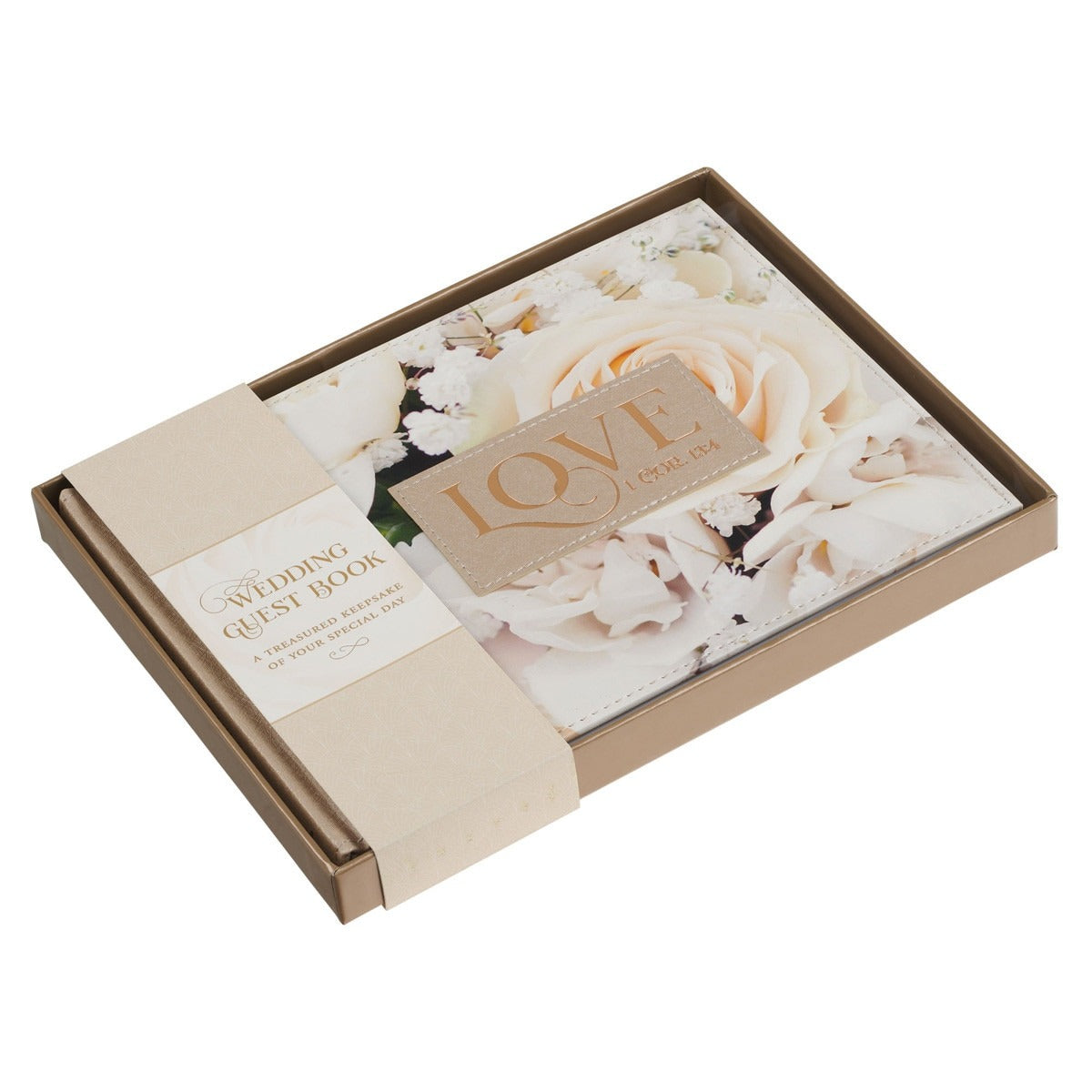 Medium Love Ivory faux leather guest book with floral cover design and gold foil lettering in a gift box