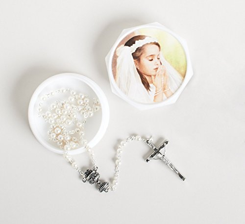 Girls First Communion keepsake box with praying girl image and pearl rosary with silver crucifix inside white round box