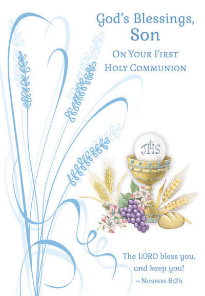 Holy Communion greeting card for son with pearl foil chalice, grapes, wheat, bread, and scripture from Numbers 6:24