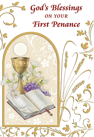 God’s Blessing on Your First Penance greeting card with gold foil chalice, grapes, flowers, open Bible, and decorative swirls
