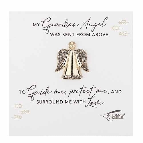 Gold Guardian Angel pin with sparkling wings and halo on a card with inspirational protection and love message