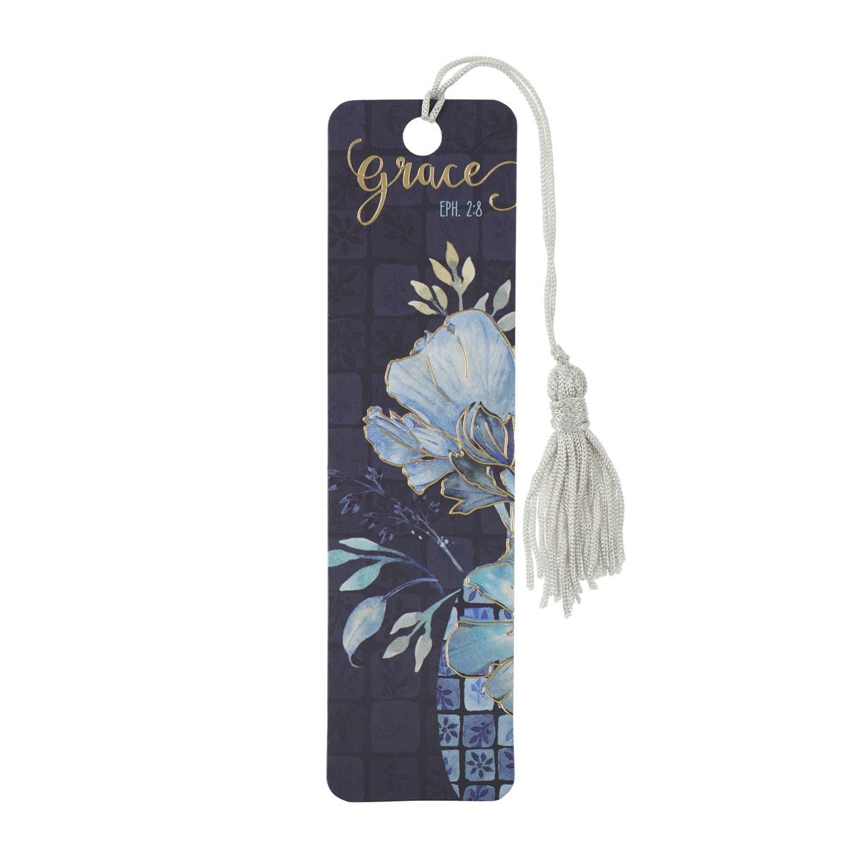 Blue floral bookmark with gold "Grace Eph. 2:8" text and white tassel on deep indigo background with decorative vase design