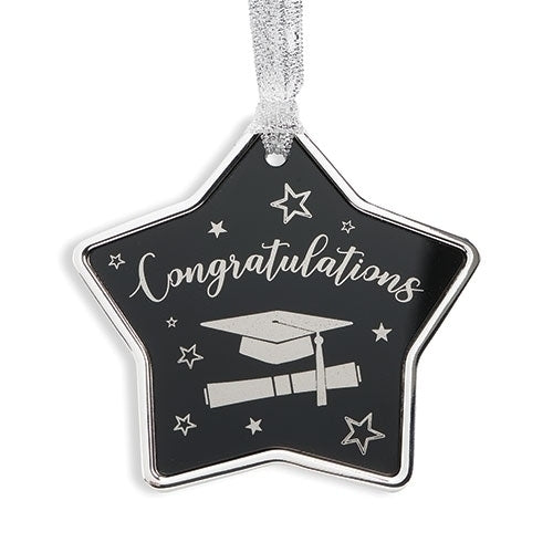 Star-shaped black and silver Graduation Gift Ornament with "Congratulations" text, cap, diploma, and silver hanging ribbon