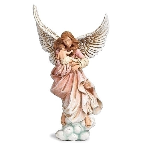 Guardian Angel figurine 11.5" tall with flowing robes cradling baby, standing on clouds, symbolizing protection and peace