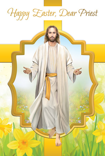 Happy Easter Dear Priest greeting card with gold foil cross, Jesus in white robe, and yellow daffodil floral background