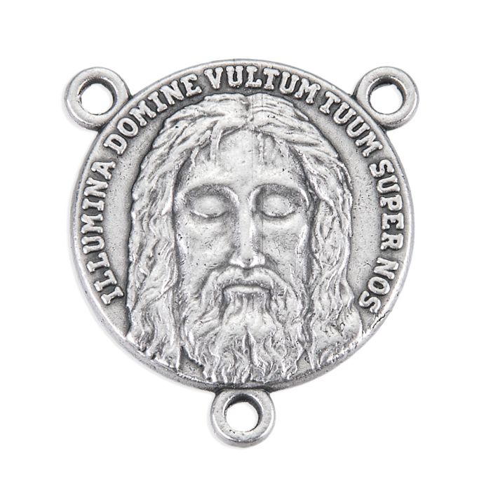 1" round silver-finished Holy Face of Jesus medal with detailed engraving and Latin inscription, made in Italy