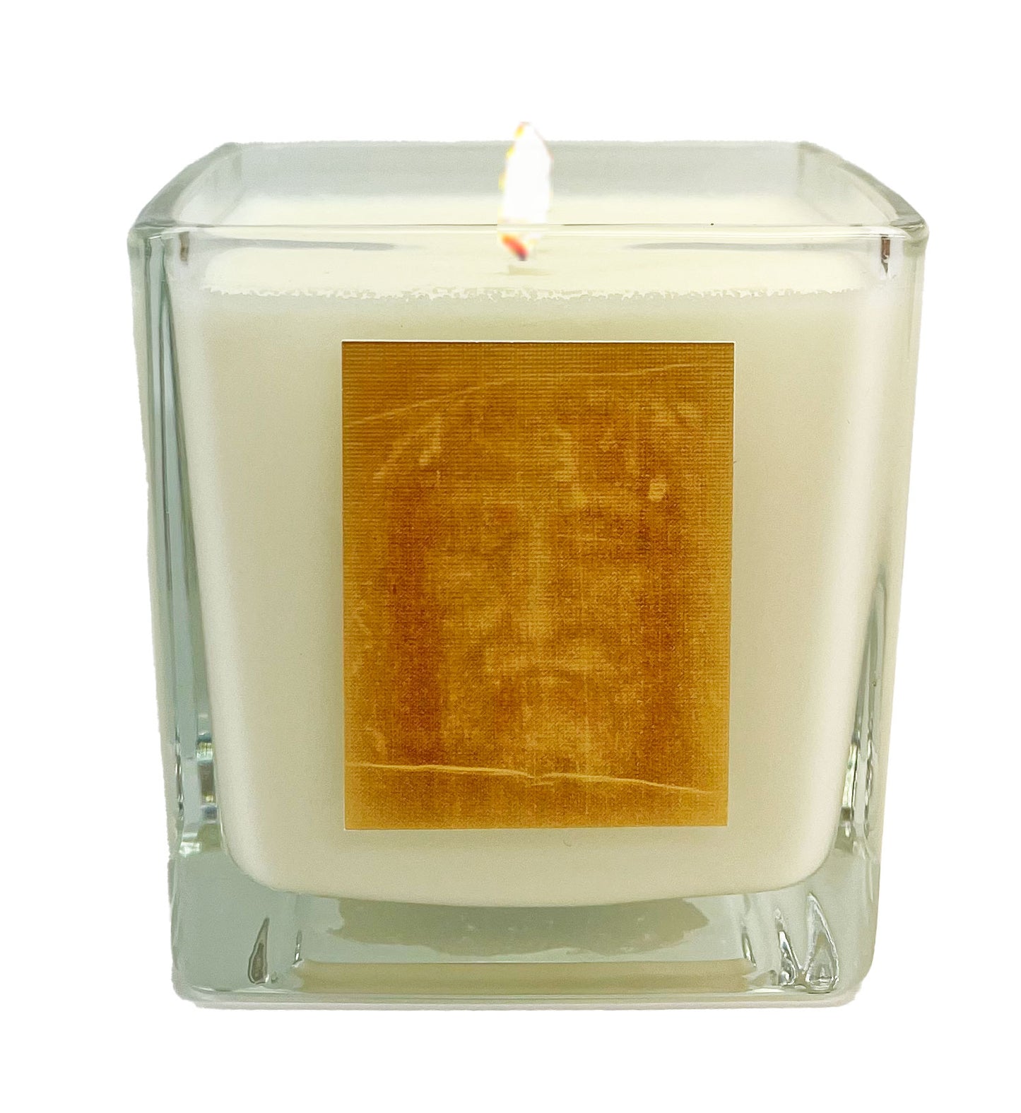Holy Face Shroud scented candle in clear glass jar featuring image of Jesus’ holy face from the burial shroud