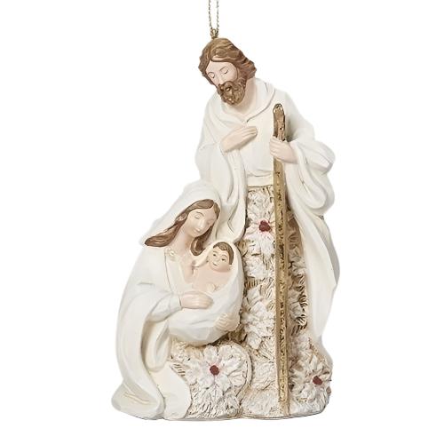 Holy Family Poinsettia ornament 5" tall with Mary, Joseph, baby Jesus, and white poinsettia floral accents