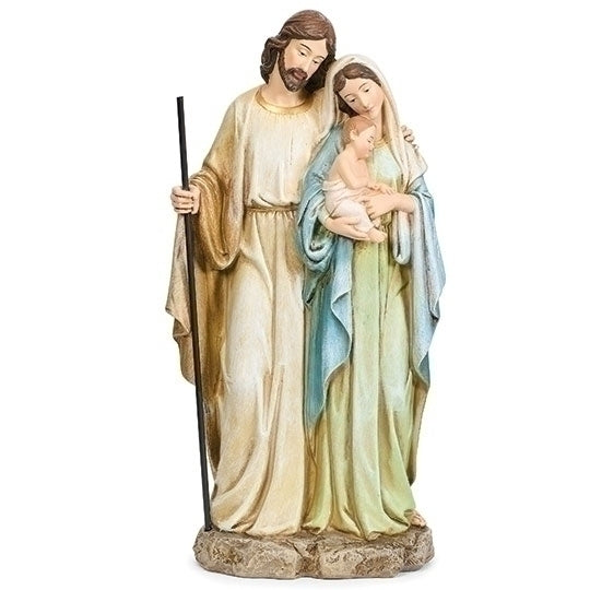 12" Holy Family statue depicting Joseph, Mary holding baby Jesus, in soft pastel robes on stone base
