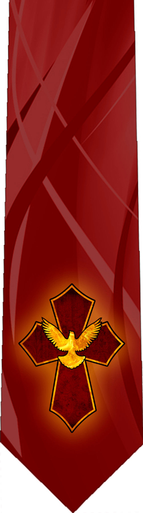 Red confirmation tie with glowing cross and golden Holy Spirit dove design near bottom