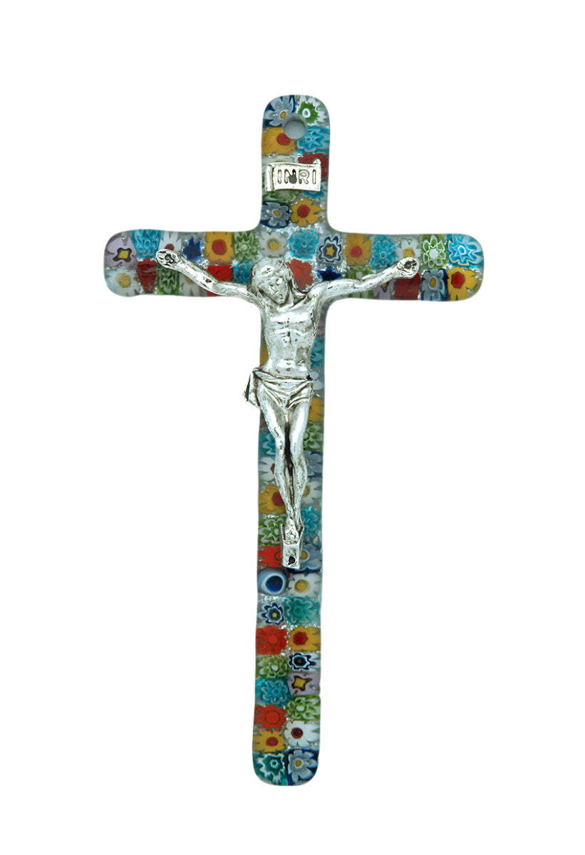 6 in Murano glass crucifix with multi-colored floral patterns and detailed silver-tone figure of Christ