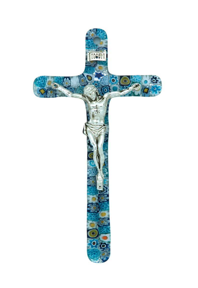 6" Murano glass crucifix with silver Christ figure and handcrafted intricate blue floral millefiori pattern background