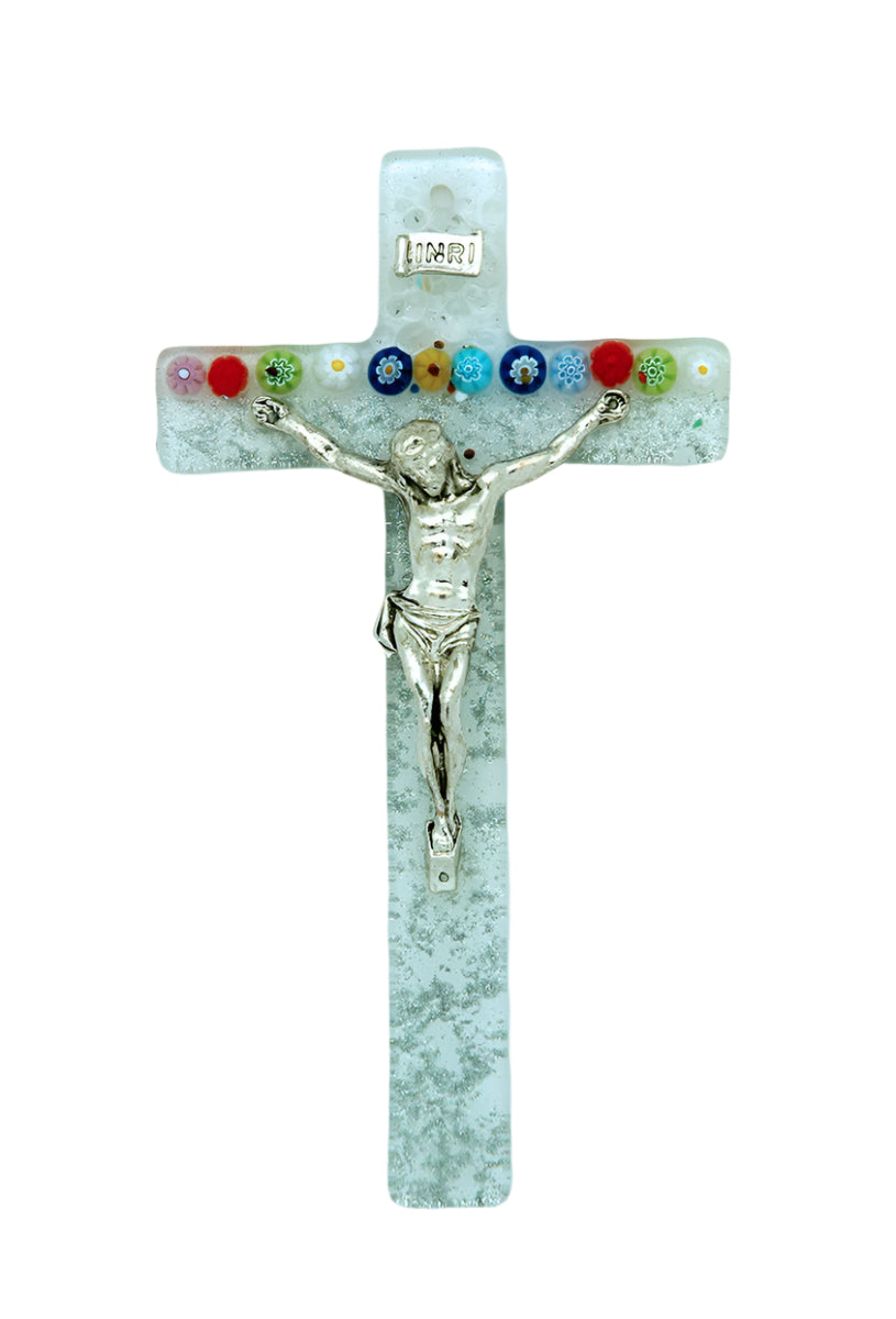6" clear Murano glass crucifix with silver figure of Christ and colorful floral accents across top bar