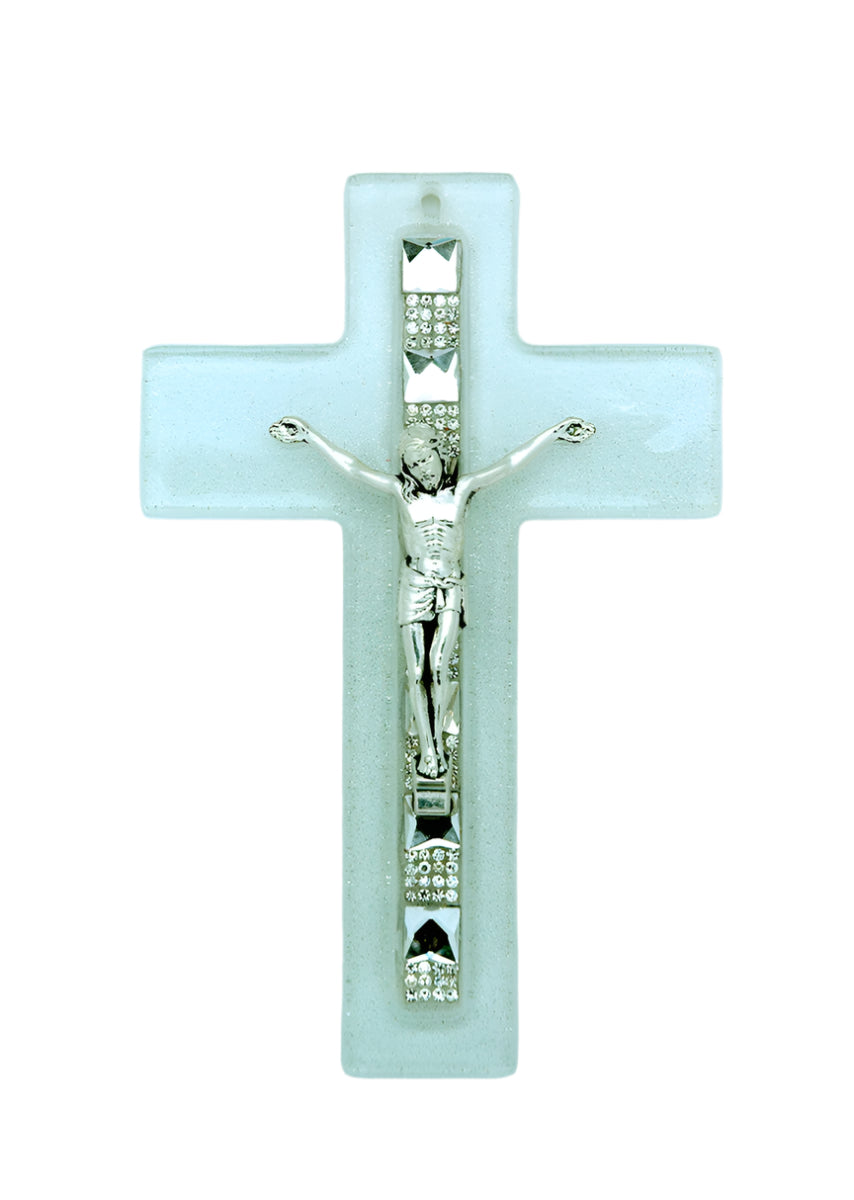 6" genuine Murano glass crucifix with clear glass, silver Christ figure, and sparkling crystal accents handcrafted in Italy