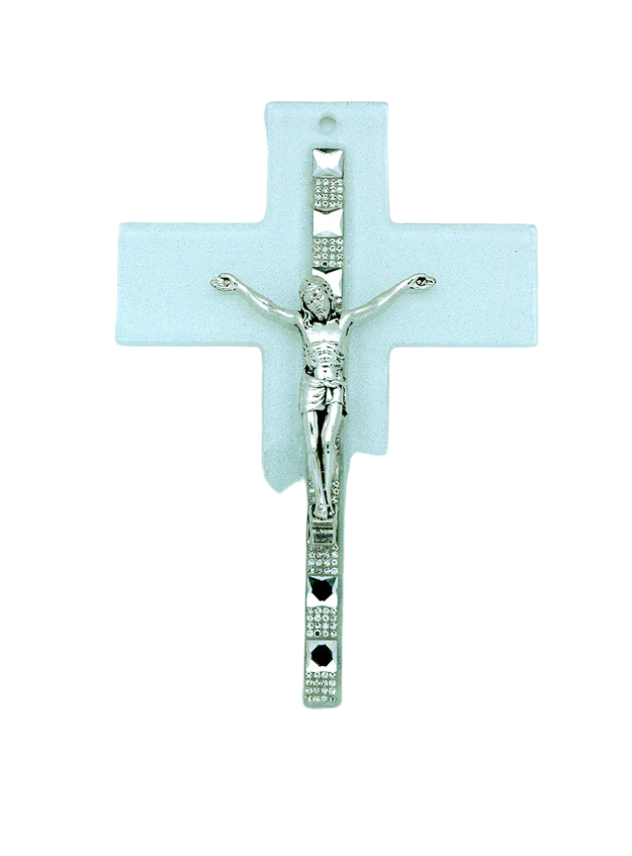 8" genuine Murano glass crucifix with clear cross and silver-tone figure adorned with sparkling crystals