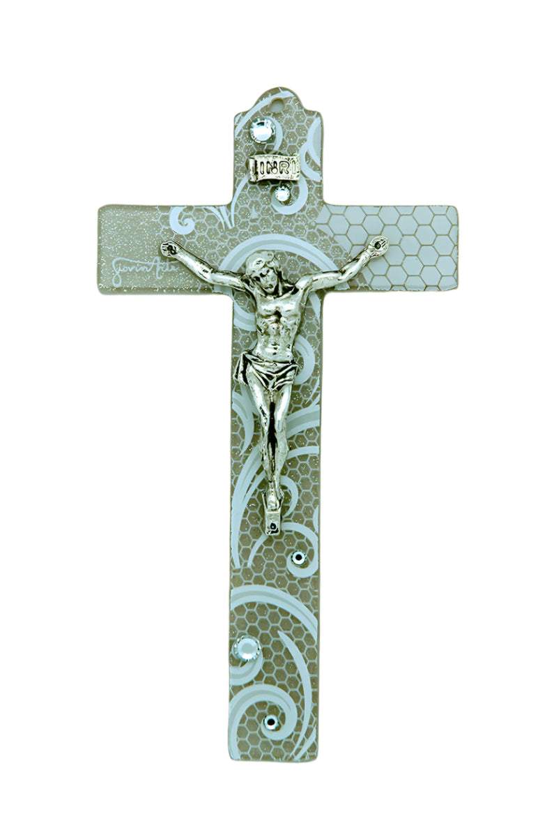 6-inch genuine Murano glass crucifix beige with white swirls, silver-toned detailed corpus, handcrafted artisan design