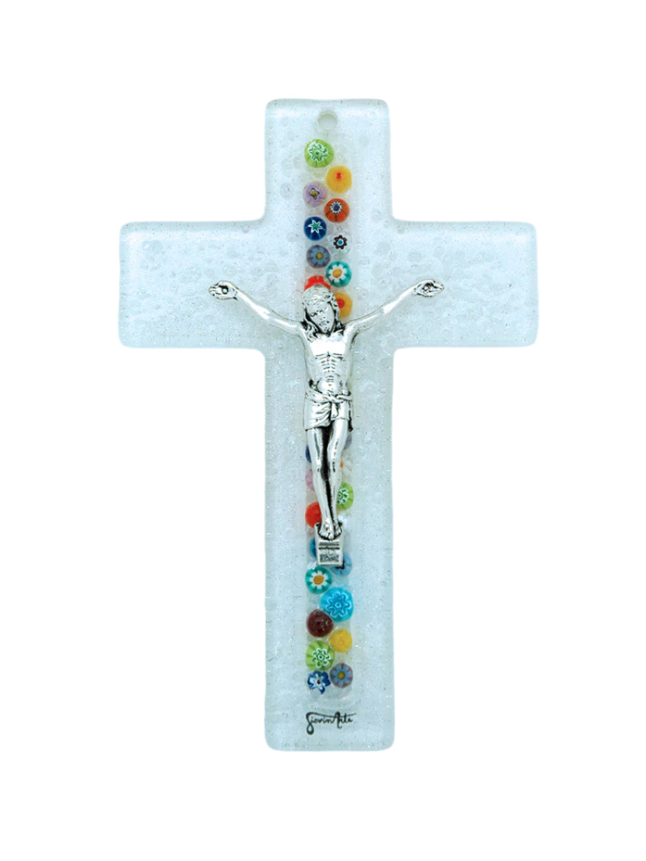 6" Murano glass crucifix with clear textured body, silver Christ figure, and colorful floral millefiori details down center
