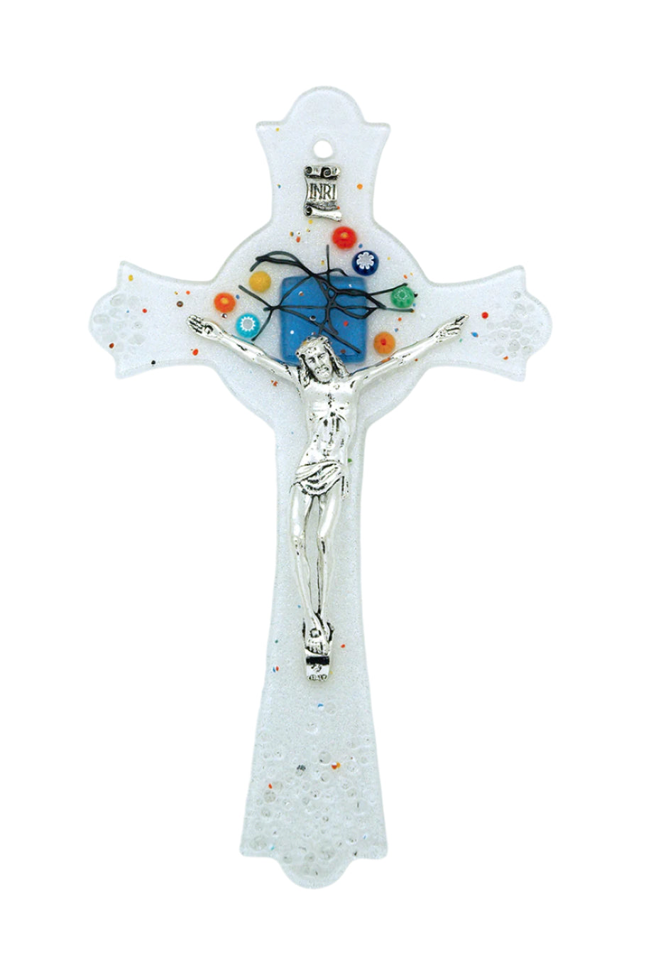 10" Italian genuine Murano glass crucifix with geometric design, silver crucified figure, and colorful glass accents