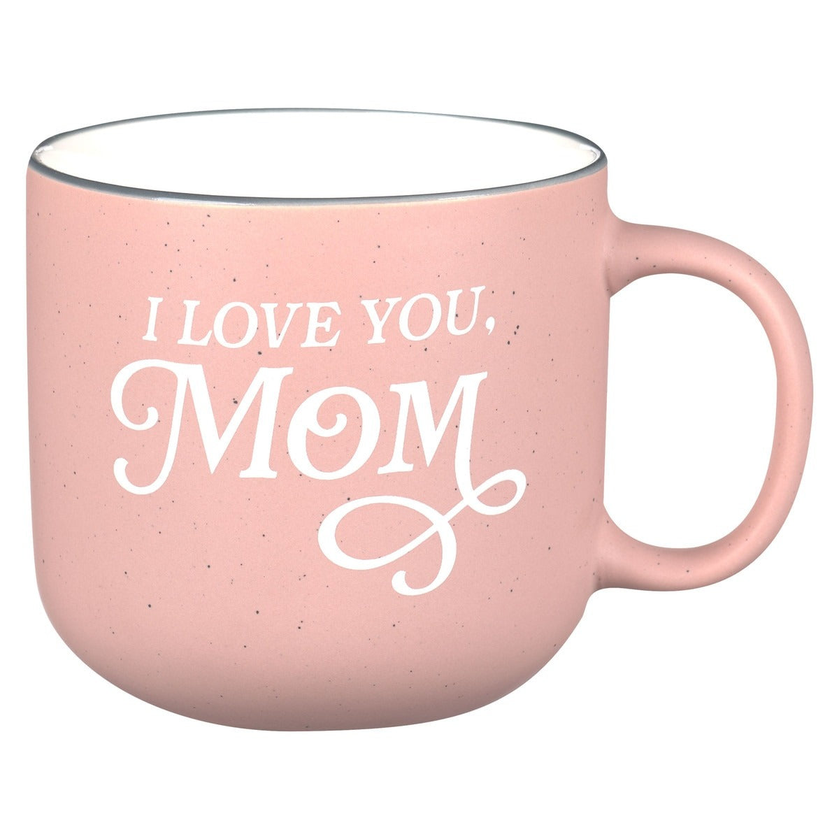 Pink ceramic coffee mug with "I Love You, Mom" white script, rounded shape and comfortable handle for Mother's Day gift