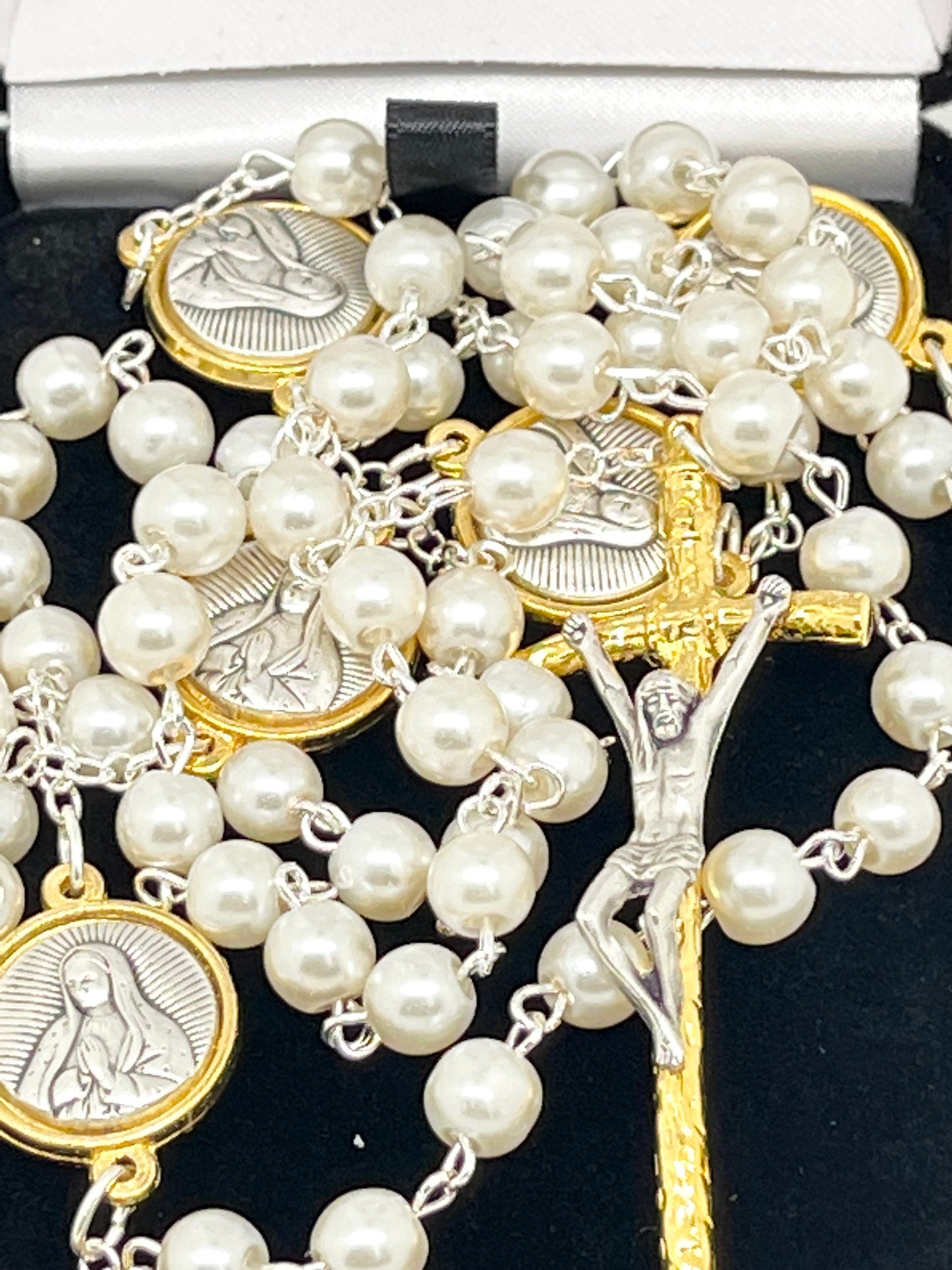 Our Lady of Guadalupe Silver and Gold Two Tone and White Pearl Rosary - Unique Catholic Gifts