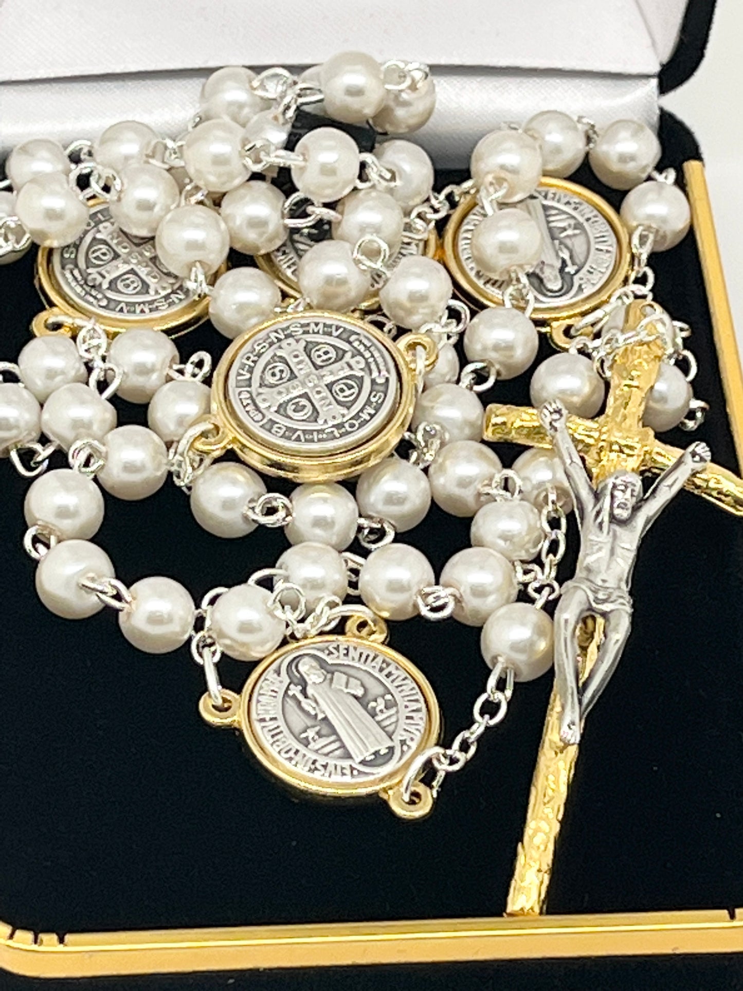 Silver and Gold Two Tone and White Pearl Bead Saint Benedict Rosary - Unique Catholic Gifts
