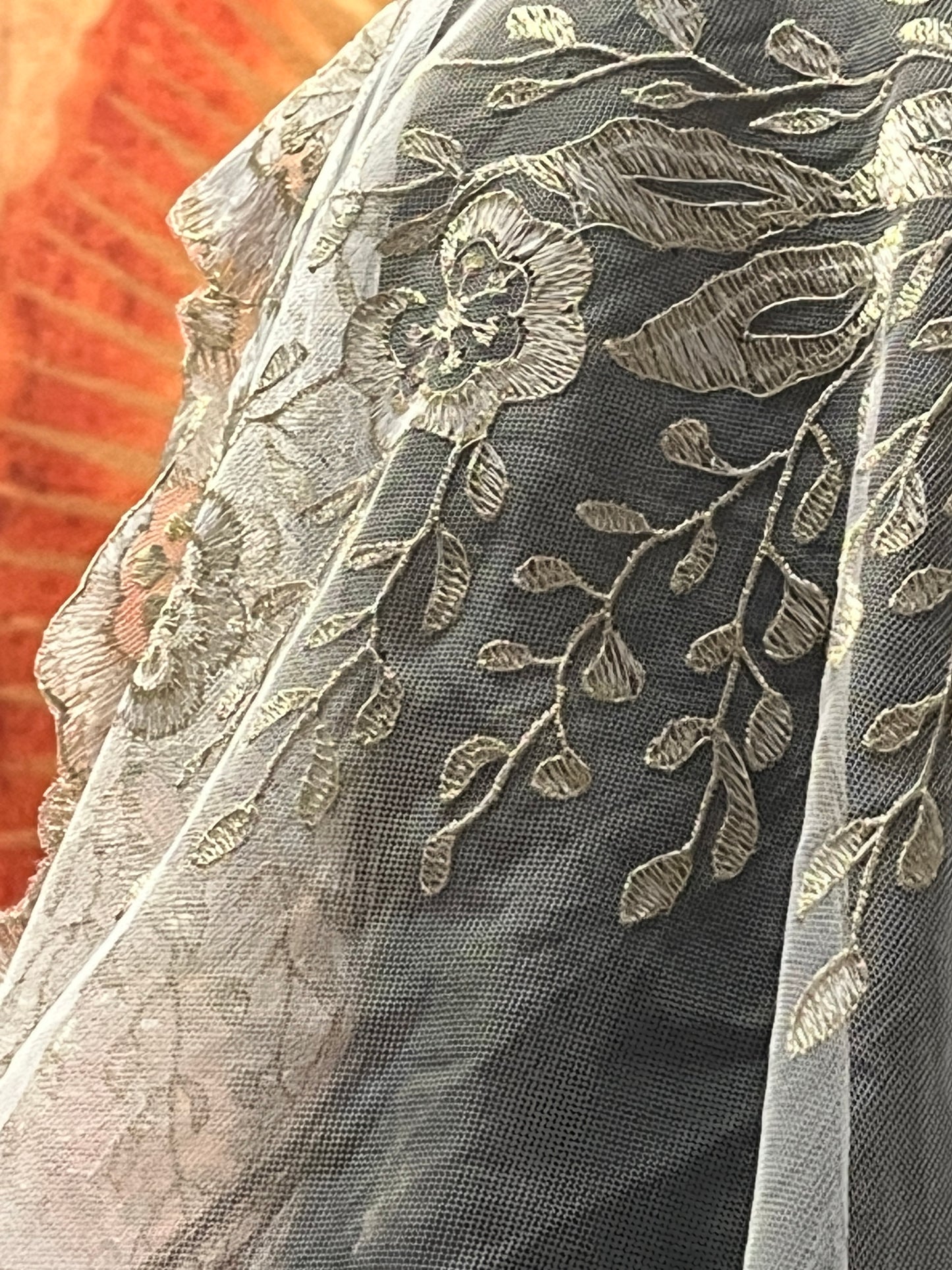 Gold and White Elaina Lace Mantilla Chapel Spanish Veil 51" - Unique Catholic Gifts