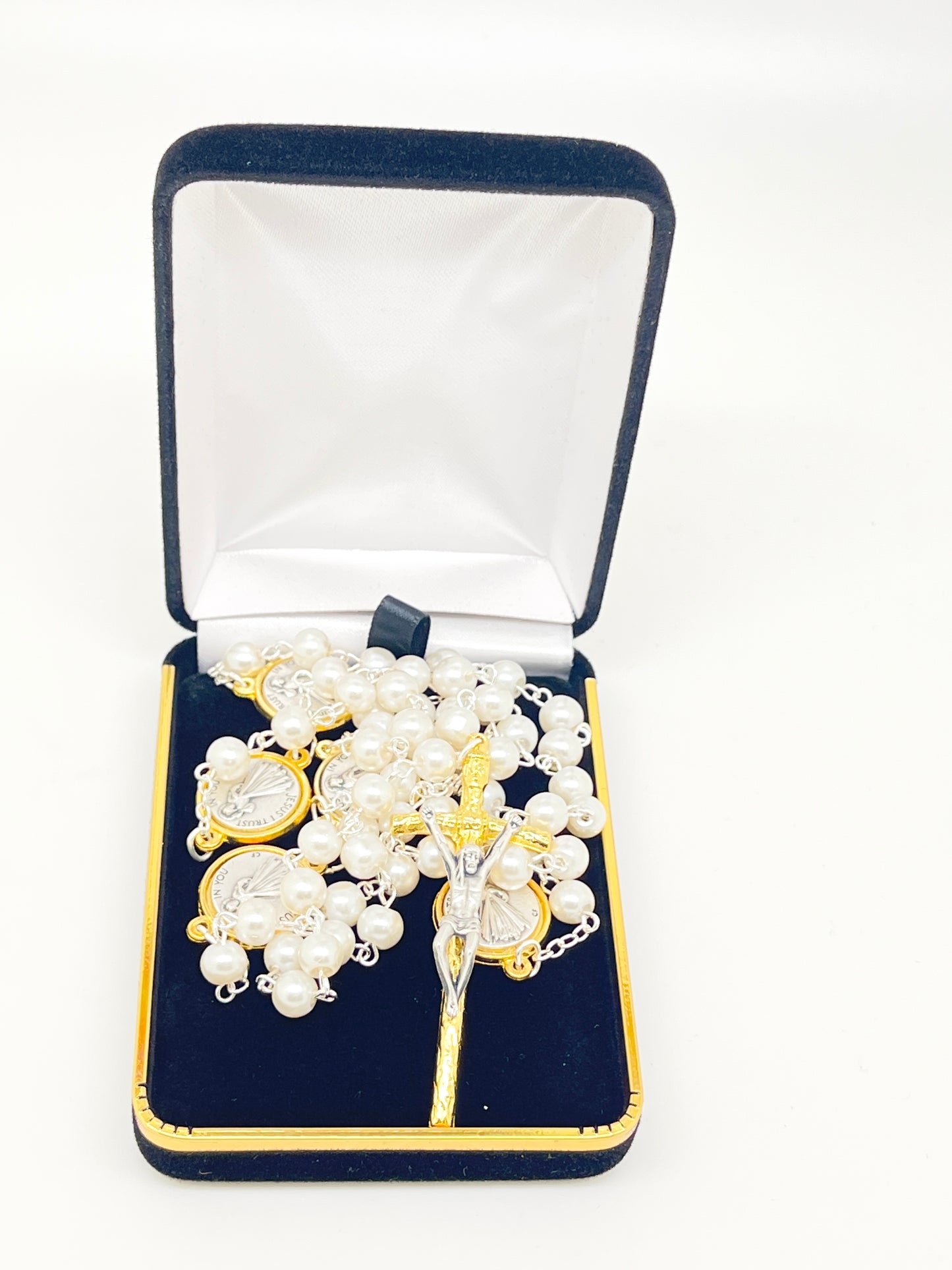 Divine Mercy Silver and Gold Two Tone and White Pearl Rosary - Unique Catholic Gifts