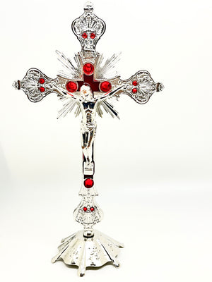 Silver and Red Standing Crucifix 9 1/2