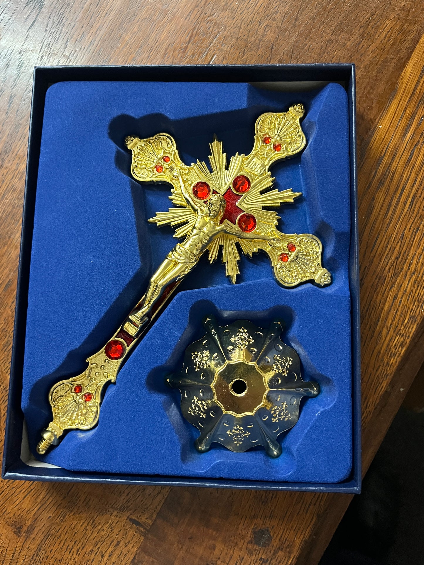 Gold and Red Standing Crucifix 9 1/2" - Unique Catholic Gifts